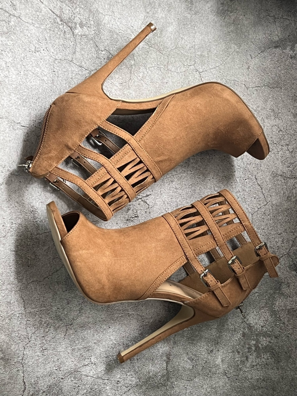 Shoe Dazzle Heidi Tan Suede Strappy Peep-Toe Stiletto Buckle Booties